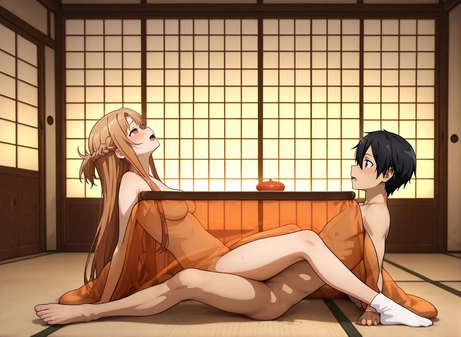 masterpiece,best quality,amazing quality,very aesthetic,absurdres,newest, huge filesize,
<lora:spo_sdxl_10ep_4k-data_lora_webui:0.5>,
<lora:add-detail-xl:1>
<lora:Kotatsu_Hide_Pose:0.7>
Kotatsu Hide Pose,
1girl,hetero,
sex,1boy, sex under table,
nude,socks,
table,
sliding doors,tatami,
indoors,
hidden embrace position,
seated positions
reverse-leg techniques,
BREAK
asuna \(sao\),
kirito,