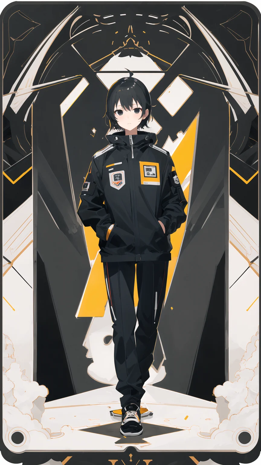 masterpiece, best quality, 1man, solo, closed mouth, uniform, hand in pocket, black hair, black eyes, cyberpunk, <lora:animetarotV41:1>, border, black background