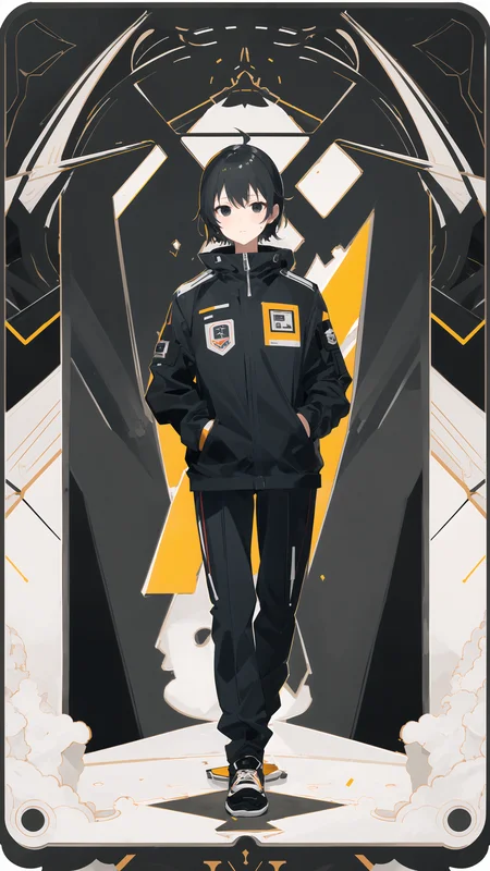 masterpiece, best quality, 1man, solo, closed mouth, uniform, hand in pocket, black hair, black eyes, cyberpunk, <lora:animetarotV41:1>, border, black background