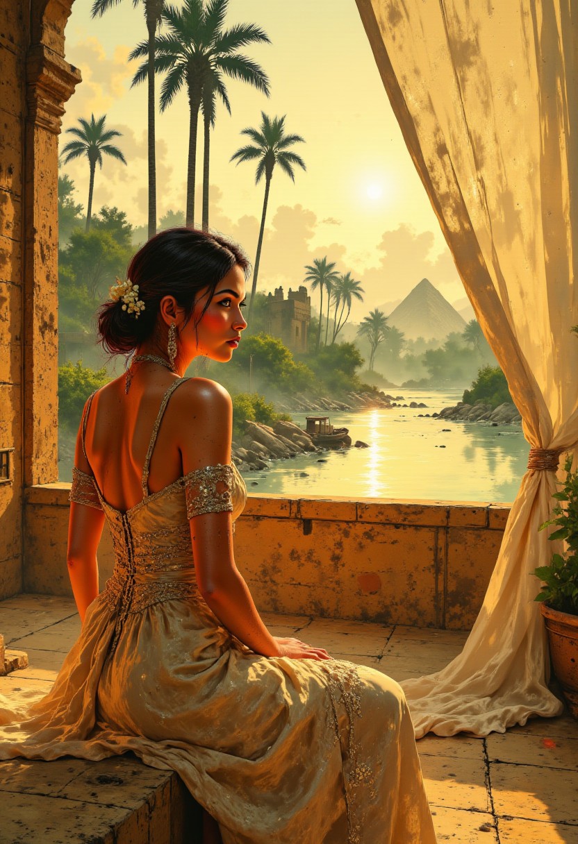 Egyptian Nile Riverbank – Soft Sand Beige Dress
A graceful young woman sits on a sun-drenched terrace overlooking the tranquil Nile River, framed by tall palm trees and ancient sandstone buildings. She wears a soft sand beige dress with intricate linen embroidery, blending harmoniously with the desert surroundings. A sheer white curtain ripples in the warm breeze, creating an ethereal glow as the golden sun sets behind distant pyramids. The sound of a gently lapping boat and the scent of hibiscus tea add to the magic of the scene.