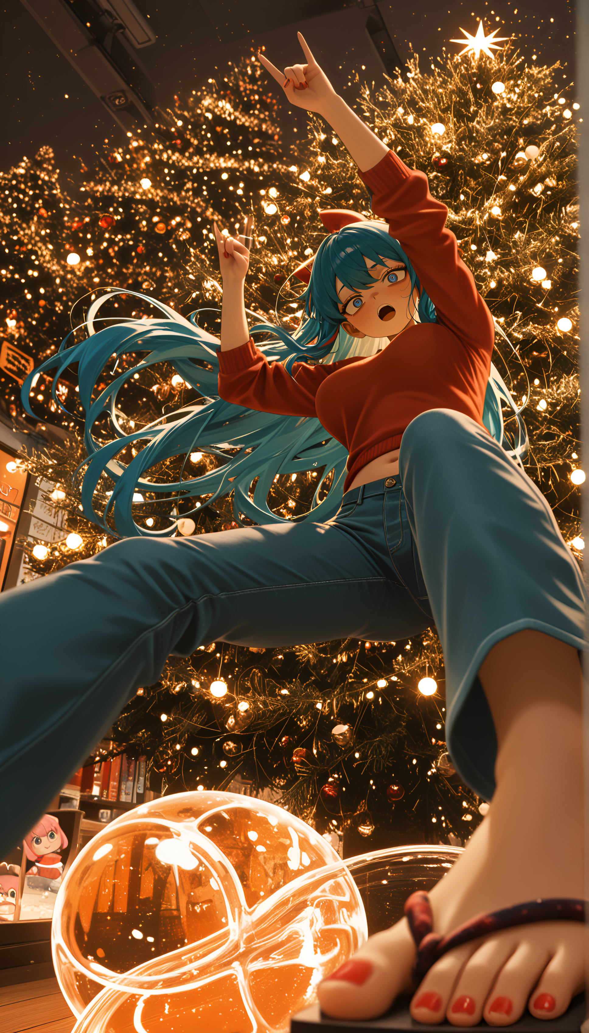 slime_(creature), barefoot, streaked hair, masterpiece, ultra-detailed, writing_gesture, geta, fox_girl, very aesthetic, close-up, vhs tape aesthetic, 1girl, moonlit, 2boys, Worm's eye view, Medusa, Wellhead completion site ("Christmas tree" visible), long hair, Orange Theme, medium breasts, motion_blur:1.1, possessed expression, motion_lines:1.1, hair_bow, depth of field, slim body, newest, blurry foreground, absolutely eye-catching, 8K, anime character, nail_polish, sagging breasts, Electric blue hair, neon lights, Dawn, best quality, wide-leg_jeans, ray_tracing, Anya Forger (Spy x Family), ambient occlusion, RTX, dark skin, cropped_kimono_sweater, absurdres, amazing quality