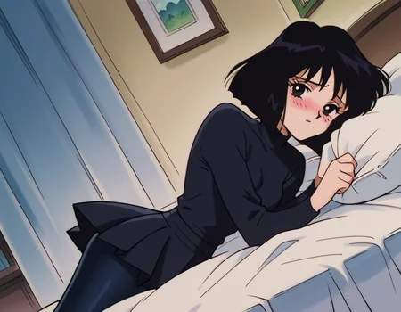 score_9, score_8_up, score_7_up, source_anime, <lora:hotaru-tomoe-s3-ponyxl-lora-nochekaiser:1>, hotaru tomoe, short hair, black hair, black eyes,, pantyhose, shirt, long sleeves, skirt, turtleneck,, indoors, bed, bed room, on side, blush, drunk, looking at viewer, solo,, cowboy shot, dutch angle
