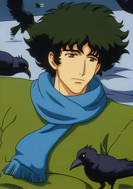 Spike Spiegel,brown eyes solo,black hair,1boy,upper body,male focus,lying,on back,scarf,coat,bird,feathers,retro artstyle,blue scarf,crow,retro artstyle,1990s (style),masterpiece,oldest <lora:Spike:0.7>
