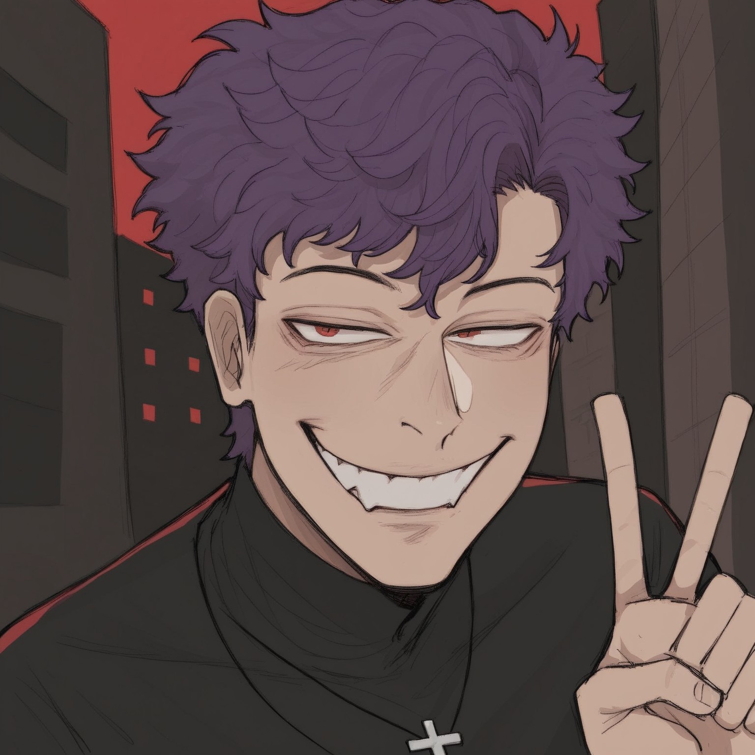 1boy, solo, purple hair, short hair, tan skin, red eyes, canines, grin, open eyes, hand, evil, light tan skin, v, building backgroung, cross necklace, black turtleneck, , niko_style

,
,
easynegative
,
 niko_style