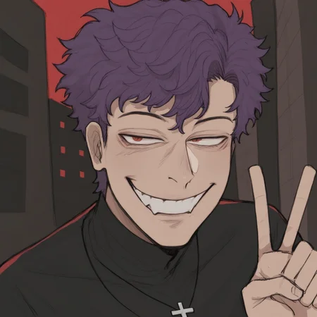 1boy, solo, purple hair, short hair, tan skin, red eyes, canines, grin, open eyes, hand, evil, light tan skin, v, building backgroung, cross necklace, black turtleneck, , niko_style
,
,
easynegative
,
niko_style