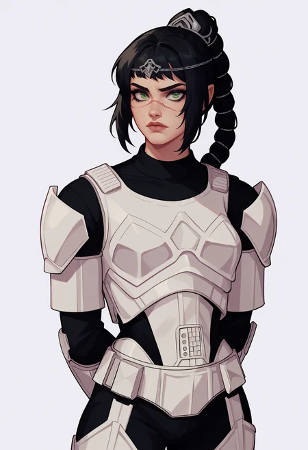 score_9, score_8_up, 1girl, solo, shadowheart, black hair, braided ponytail, green eyes, scar on face, stormtrooper,
looking at viewer, armor, pants,
arms behind back, standing, looking at viewer, white background <lora:ShadowHeartXL:0.8> <lora:StormtrooperXL:1>