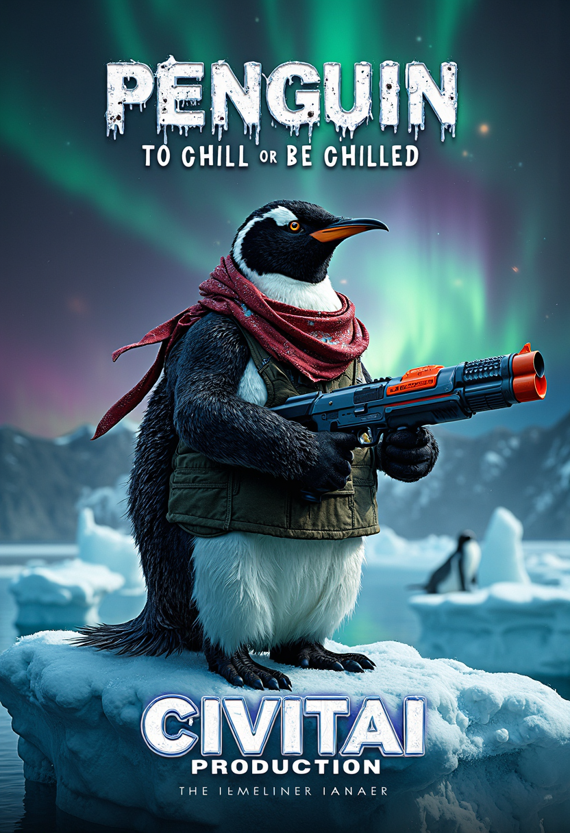 The movie's title, \"PENGUIN - FIRST BLOOD,"\ blazes across the top in font mimicking dripping icicles. Beneath it, a tagline proclaims: \"To chill or be chilled"\
A striking movie poster dominates the frame, featuring a muscular emperor penguin dressed in full Rambo attire, standing atop an Antarctic ice floe. The penguin's eyes burn with fierce determination beneath a tattered red bandana, its sleek black and white feathers contrasting sharply with the olive-drab tank top stretched across its barrel chest. Glistening with perspiration, the penguin's flipper grips a massive (Nerf Gun:1.9).
The background explodes with surreal imagery: icebergs melt into Dali-esque shapes, their reflections rippling in technicolor pools. The sky above is a swirling vortex of Aurora Australis, streaked with impossible hues of purple, green, and gold.
At the bottom of the poster, set against a metallic, frosted backdrop, \"CIVITAI PRODUCTION - coming soon"\ stands out in bold, capitalized letters. The text has a 3D effect, seeming to leap off the poster, with a subtle blue glow outlining each character, hinting at the advanced AI technology behind this extraordinary cinematic venture.