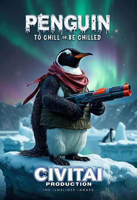 The movie's title, \"PENGUIN - FIRST BLOOD,"\ blazes across the top in font mimicking dripping icicles. Beneath it, a tagline proclaims: \"To chill or be chilled"\
A striking movie poster dominates the frame, featuring a muscular emperor penguin dressed in full Rambo attire, standing atop an Antarctic ice floe. The penguin's eyes burn with fierce determination beneath a tattered red bandana, its sleek black and white feathers contrasting sharply with the olive-drab tank top stretched across its barrel chest. Glistening with perspiration, the penguin's flipper grips a massive (Nerf Gun:1.9).
The background explodes with surreal imagery: icebergs melt into Dali-esque shapes, their reflections rippling in technicolor pools. The sky above is a swirling vortex of Aurora Australis, streaked with impossible hues of purple, green, and gold.
At the bottom of the poster, set against a metallic, frosted backdrop, \"CIVITAI PRODUCTION - coming soon"\ stands out in bold, capitalized letters. The text has a 3D effect, seeming to leap off the poster, with a subtle blue glow outlining each character, hinting at the advanced AI technology behind this extraordinary cinematic venture.