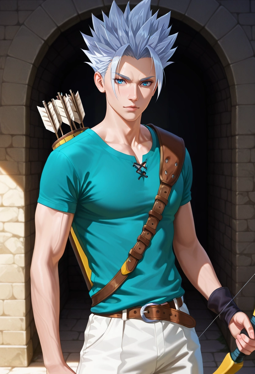 masterpiece, best quality, , (realistic:0.6), looking at viewer, 1boy, solo, male focus, <lora:arden_nnt_ilxl:0.92>, arden_nnt, grey hair, blue eyes, short hair, spiked hair, arrow \(projectile\), bow \(weapon\),