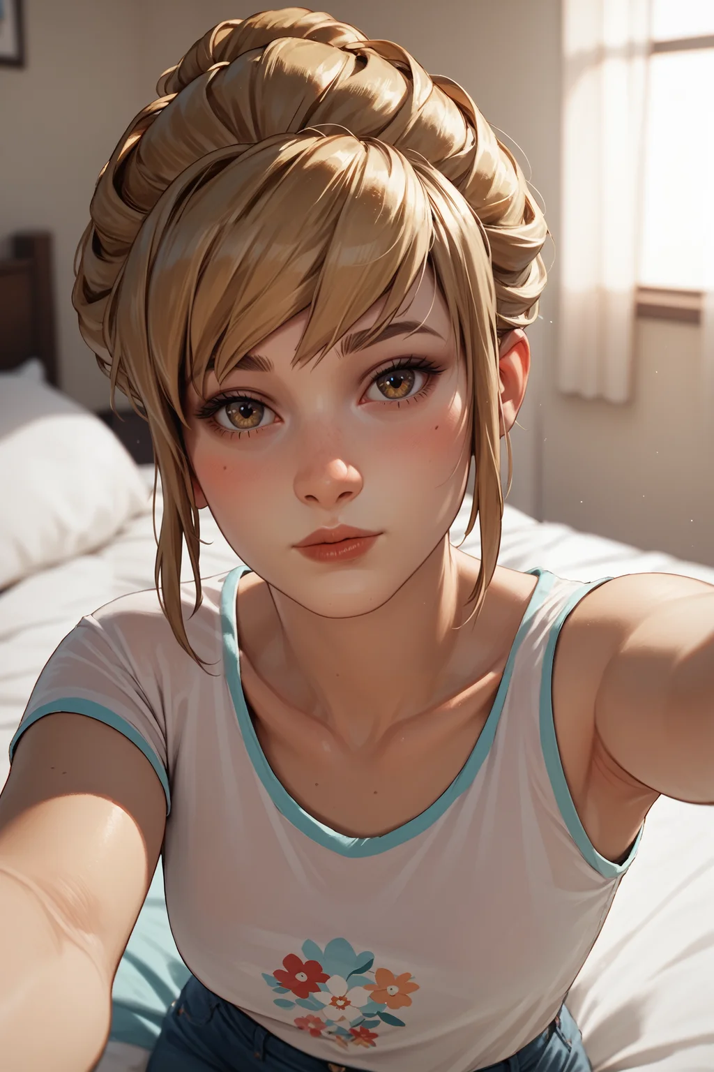 score_9, score_8_up, score_7_up, score_6_up
<lora:LISKate:0.8>
LISKate, 1girl, blonde hair, hazel eyes, hair updo, looking at viewer, lying on bed, selfie, blushing, cowboy shot