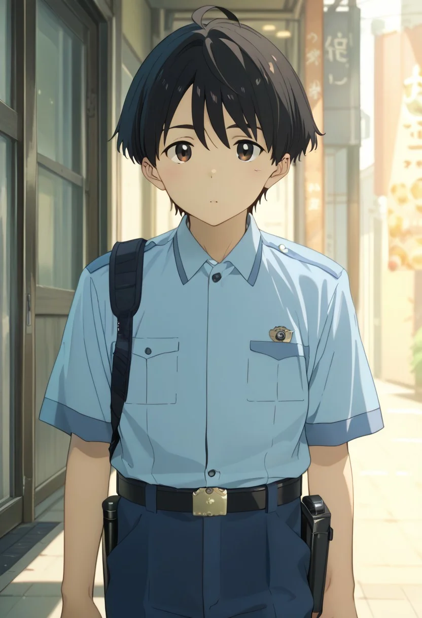 score_9, score_8_up, score_7_up, zPDXL2, 
,
kazuhiko nukumizu, black hair, brown eyes, male Japanese Summer Police Uniform,light-blue collared shirt, rank slides,hip holster