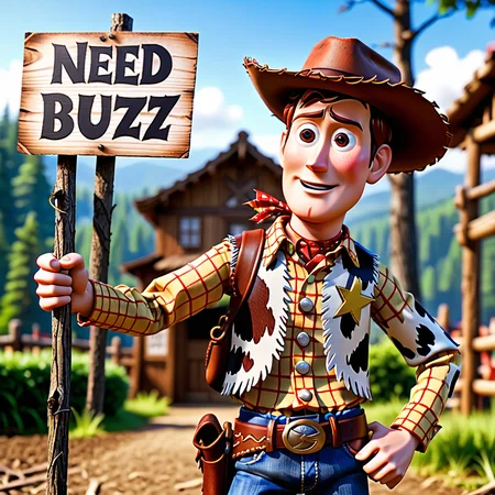 Man holding a sign that says "Need Buzz", cowboy, woody from toy story,  <lora:texta:0.9> <lora:MidjourneyV6.1:.5> midjourneyv6, (anime, masterpiece, intricate:1.3), (best quality, hires textures, high detail:1.2), (4k),(incredibly detailed:1.4),UHD, 8K, ultra detailed