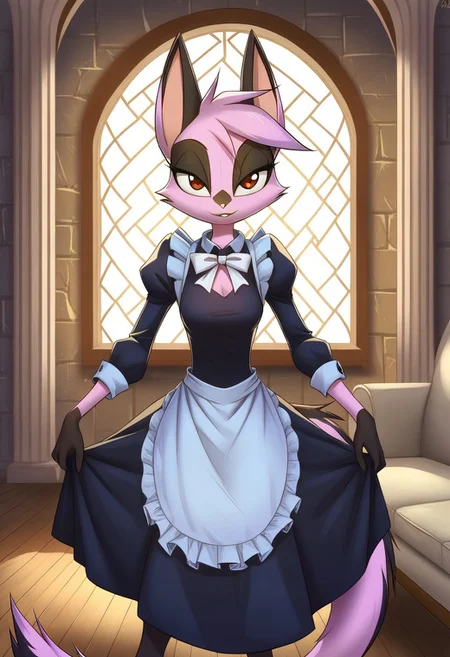 score_9, score_8_up, score_7_up, Dreamkeepers,Viriathus_Vayu,1girl,solo,short hair,animal ears,tail,brown eyes,purple hair,body fur,animal nose,,<lora:dreamkeepers_multipleCharacters:0.8>,
masterpiece, high quality, (best quality:1.1), sharp details, vivid color, , volumetric lighting, ultra detailed,  front view, 
perfect eyes, perfect lips,  perfect anatomy hands, perfect anatomy fingers, fingernails, smile,
eyes closed, hair ornaments, maid headdress, white bowtie, maid, white apron, black dress, puffy sleeves, juliet sleeves, long sleeves,
maid outfit, open dress side, long sleeves, gloves,  
floating, looking at viewer, bow, bend forward, 
(looking at viewer), standing,  hands on skirt, dynamic pose,
indoors, mansion, foyer, luxury room, white sofa, luxury table, marble wall, white flooring, detailed background,