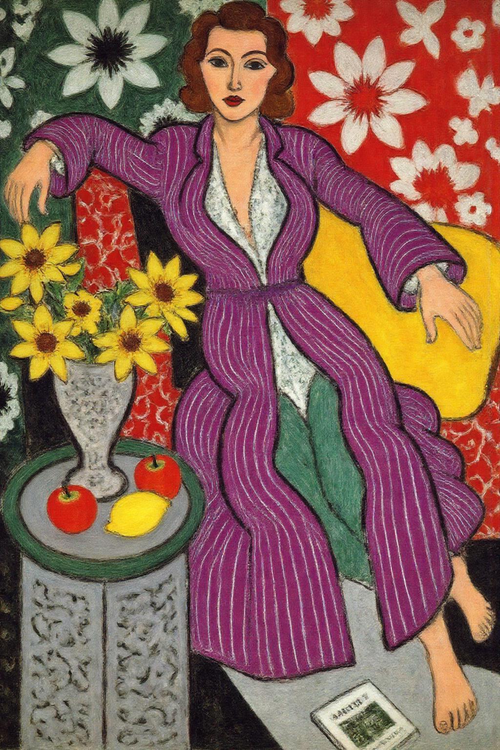 henrimatisse1 painting. 
A woman dressed in a striped purple robe, sitting on a couch. The woman's posture is relaxed, with one arm extended and the other resting on the back of the couch. Her other arm is resting on a yellow pillow. Her hair is style into curls. On the right is a small table with a circular design, with a vase filled with yellow flowers, two red apples, and a lemon on top. There is a book visible on the floor. The background features a mix of abstract patterns and floral designs in red, white, and green hues. <lora:henrimatisse1_f16e11:1.0><lora:870736431557945904:0>