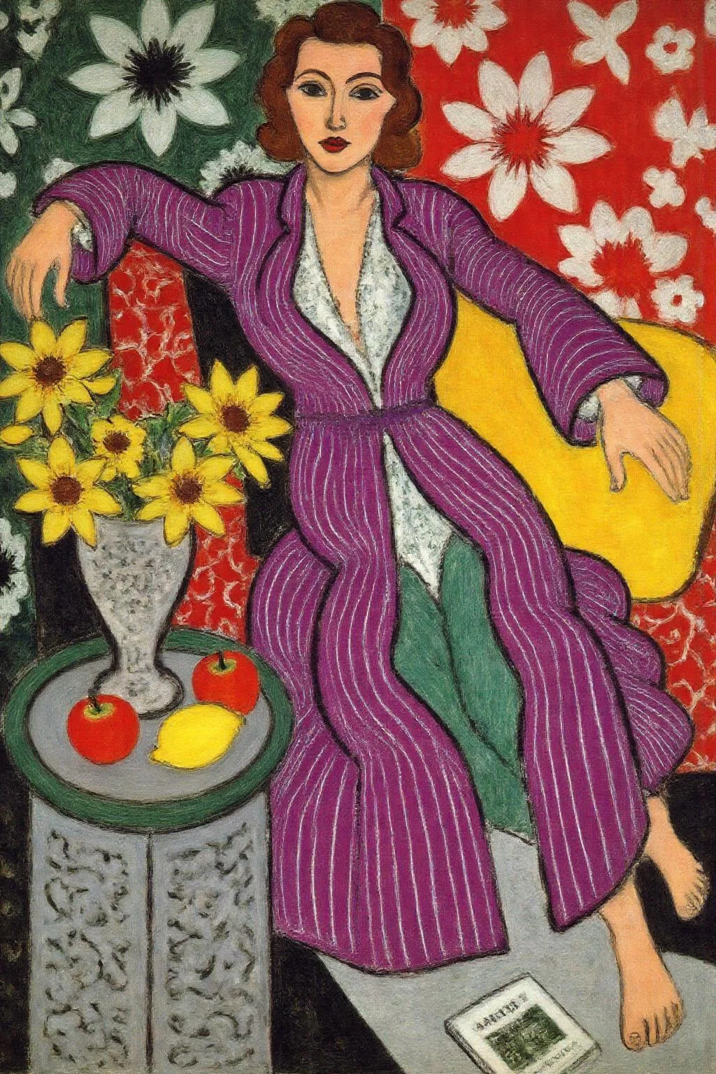 henrimatisse1 painting.
A woman dressed in a striped purple robe, sitting on a couch. The woman's posture is relaxed, with one arm extended and the other resting on the back of the couch. Her other arm is resting on a yellow pillow. Her hair is style into curls. On the right is a small table with a circular design, with a vase filled with yellow flowers, two red apples, and a lemon on top. There is a book visible on the floor. The background features a mix of abstract patterns and floral designs in red, white, and green hues. <lora:henrimatisse1_f16e11:1.0><lora:870736431557945904:0>