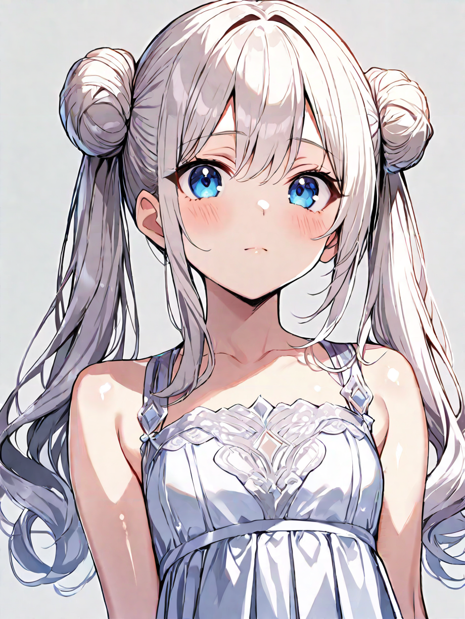 masterpiece,ultra-detailed,best quality,8K,illustration,cute face,clean skin ,shiny hair,petite girl,ultra-detailed-eyes,simple background,   <lora:double bun twintail_XL_illustrious_V1.0:1> double bun twintail,twintails,dress,skirt
