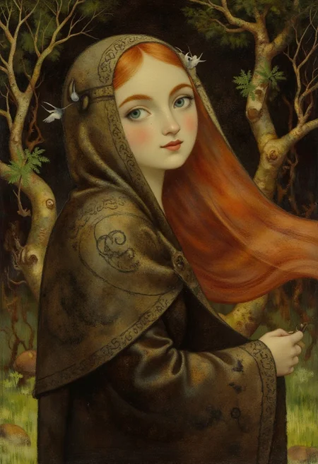 SecretKells Victorian era oil painting by Henrietta Rae, closeup upper body portrait of a beautiful young woman with red hair, her intricate Celtic-patterned cloak flowing softly around her, set against a dark forest backdrop. Her eyes reflect the soft glow of magical runes on the trees, while delicate swirling lines frame her face. Animated, stylized, detailed portrait, mystical atmosphere.