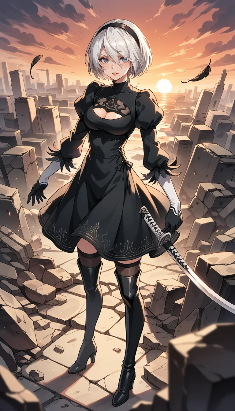 score_9, score_8_up, score_7_up, Anime Style, Full Body Shot, yorha no. 2 type b, short white hair, black dress, thighhighs, hairband, black gloves, clothing cutout, cleavage cutout, puffy sleeves, long sleeves, black hairband, feather-trimmed sleeves, juliet sleeves, mole under mouth, holding katana, black thighhighs, tight boots, turtleneck, sunset, rubble in the background, depth of field, dynamic angle, fashion photography, sharp, hyperdetailed:1.15