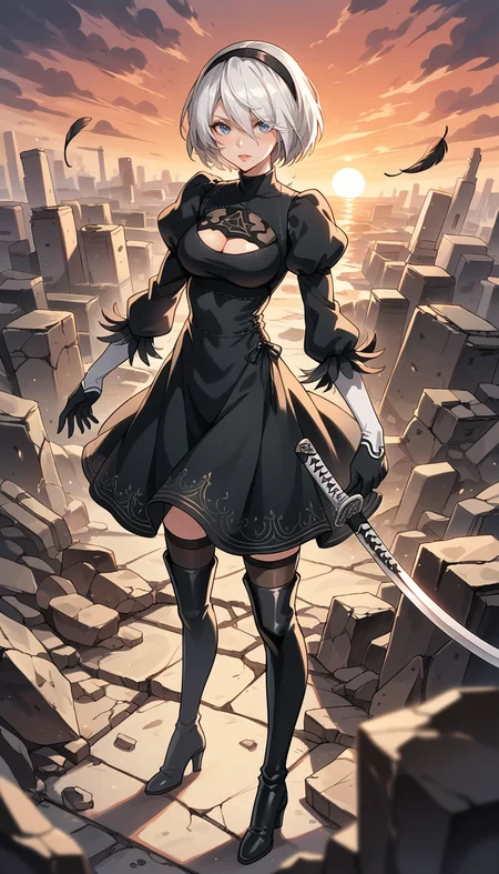 score_9, score_8_up, score_7_up, Anime Style, Full Body Shot, yorha no. 2 type b, short white hair, black dress, thighhighs, hairband, black gloves, clothing cutout, cleavage cutout, puffy sleeves, long sleeves, black hairband, feather-trimmed sleeves, juliet sleeves, mole under mouth, holding katana, black thighhighs, tight boots, turtleneck, sunset, rubble in the background, depth of field, dynamic angle, fashion photography, sharp, hyperdetailed:1.15