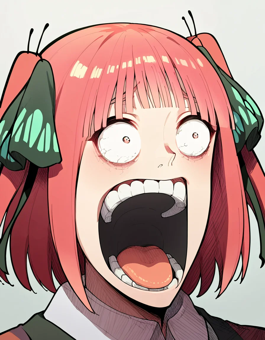 score_9, score_8_up, score_7_up, source_anime, <lora:nnakano-s2-ponyxl-lora-nochekaiser:1>, short hair, bangs, hair ornament, hair ribbon, pink hair, blunt bangs, two side up, butterfly hair ornament, large breasts,, <lora:enel-face-ponyxl-lora-nochekaiser:1> enel face, open mouth, wide-eyed, teeth, tongue,, , ,