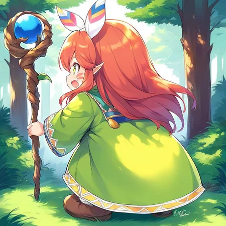 score_9, score_8_up, score_7_up, source_anime, rating_explicit, BREAK <lora:Popoi_XL:0.9>
Popoi, 1other, solo, blush, open mouth, tree, 1girl, staff, grass, child,
shoot from behind、looking bac, butt,
forest,