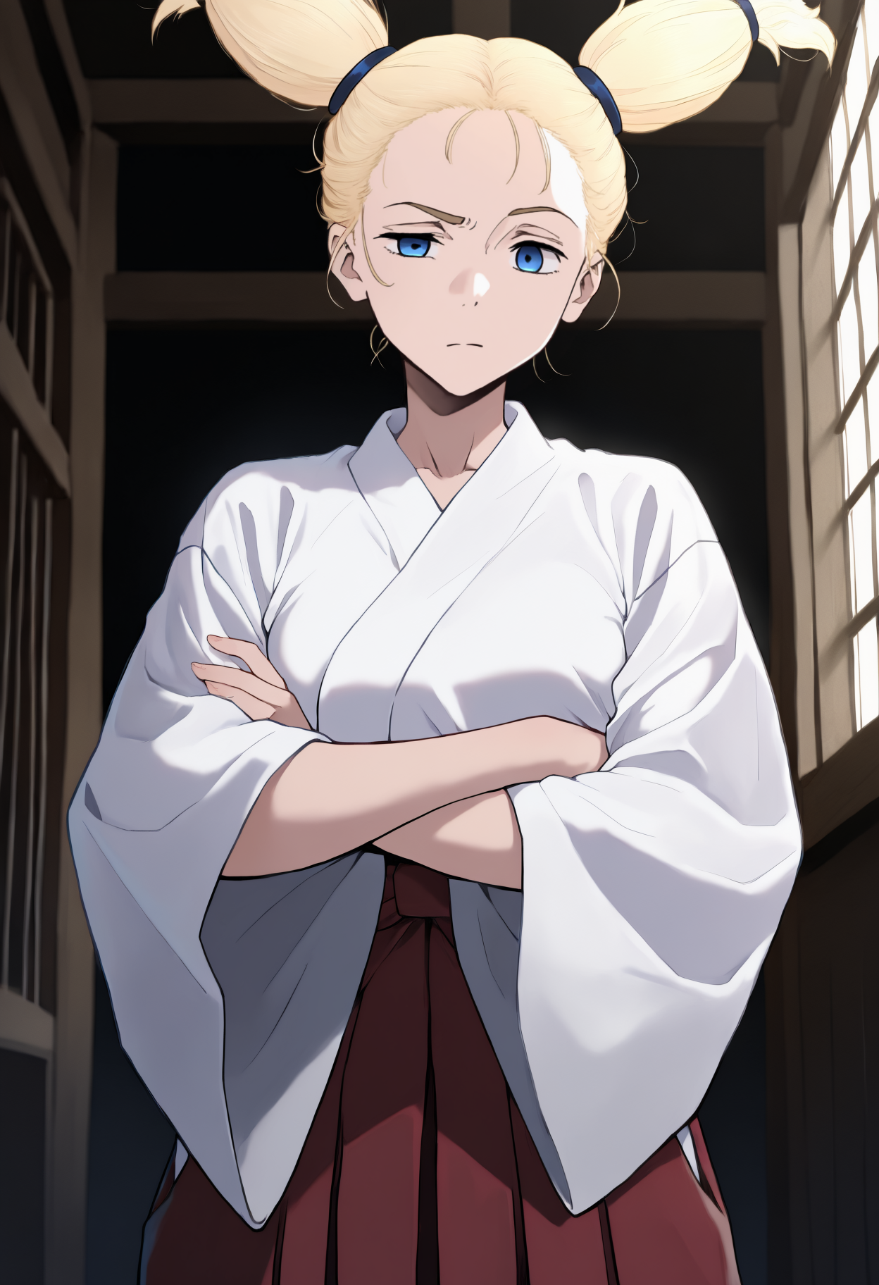 masterpiece, best quality, newest, anime, solo, 1girl, nishi1miya, expressionless, looking at viewer, crossed arms, long hair, blonde hair, twintails, blue eyes, raised eyebrow, japanese clothes, white kimono, wide sleeves, red hakama, hakama skirt, indoors, east asian architecture
<segment:yolo-Anzhc Face seg 640 v2 y8n.pt,0.4,0.5//cid=1>