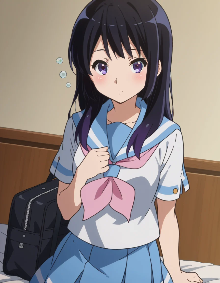 score_9, score_8_up, score_7_up, source_anime,
reinakousaka, <lora:reina-kousaka-ponyxl-lora-nochekaiser:1>,
reina kousaka, long hair, bangs, black hair, purple eyes,
skirt, shirt, school uniform, white shirt, short sleeves, pleated skirt, serafuku, sailor collar, blue skirt, neckerchief, blue sailor collar, school bag, pink neckerchief, kitauji high school uniform,
indoors, bed, bed room, on side, blush, drunk,
looking at viewer, cowboy shot, dutch angle,