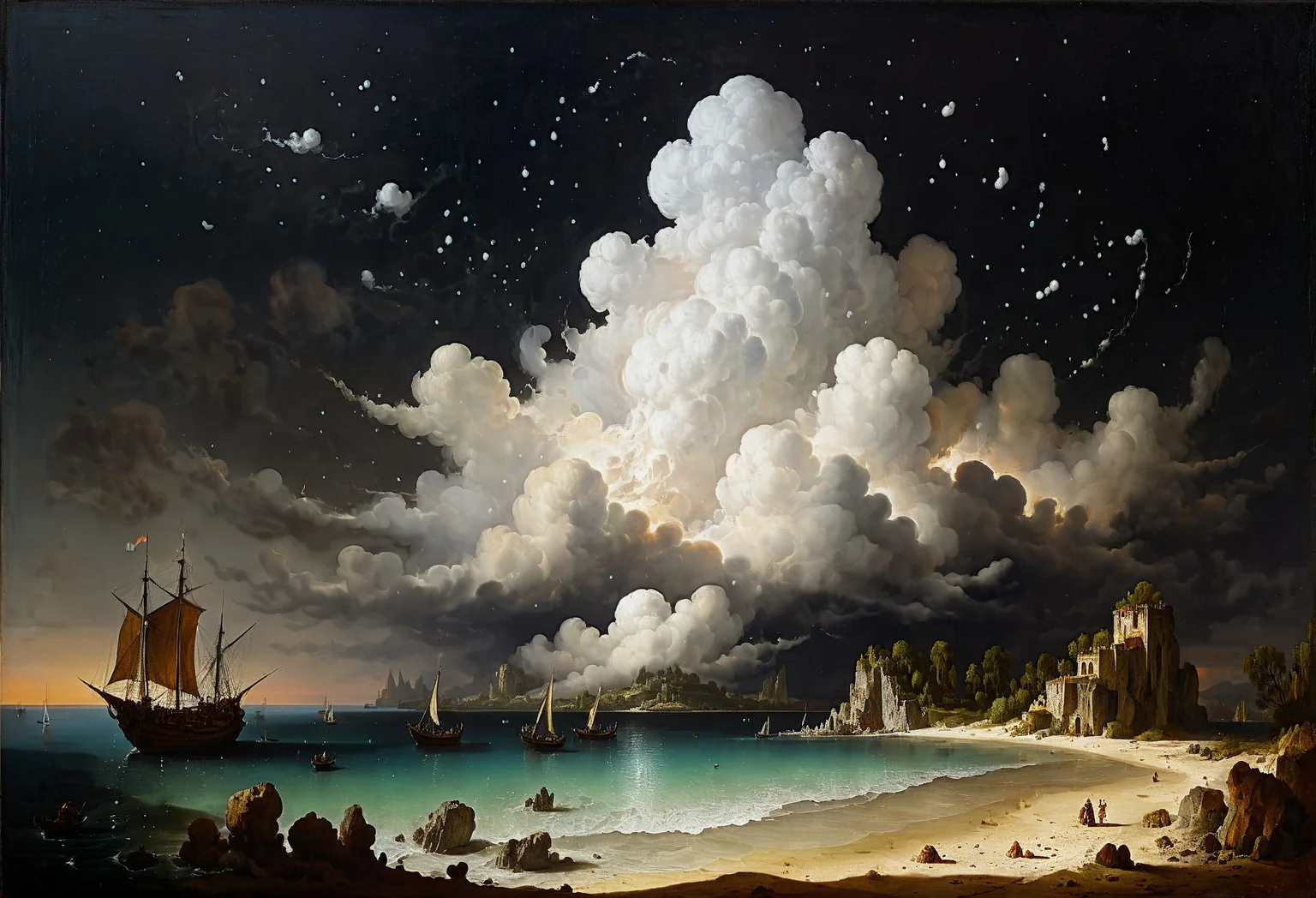 legendary landscape, beach, ocean, (cumulonimbus clouds:1.3), islands, sailboats <lora:add-detail-xl:0.7> <lora:xl_more_art-full_v1:0.7> <lora:sdxl/nicola_samori_dark_art_style:0.7> in the style of Nicola Samori