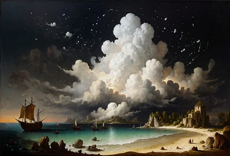 legendary landscape, beach, ocean, (cumulonimbus clouds:1.3), islands, sailboats  <lora:add-detail-xl:0.7> <lora:xl_more_art-full_v1:0.7>  <lora:sdxl/nicola_samori_dark_art_style:0.7> in the style of Nicola Samori