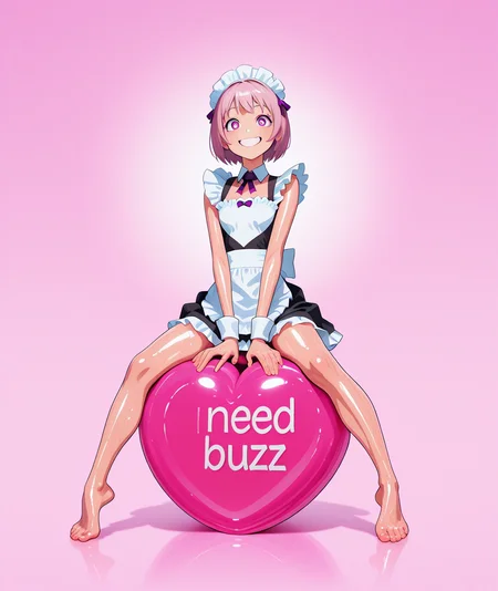 professional quality amazing ultra resolution zoom on face viewing cute moe face feet oiled skin cute smile mouth open oiled body perfect skin petite attractive pink short hair spiral eyes solo light ray pink fog clouds background brunette violet eyes maid outfit lightning icon lightning pattern outfit sit on heart text need_buzz, sign hand