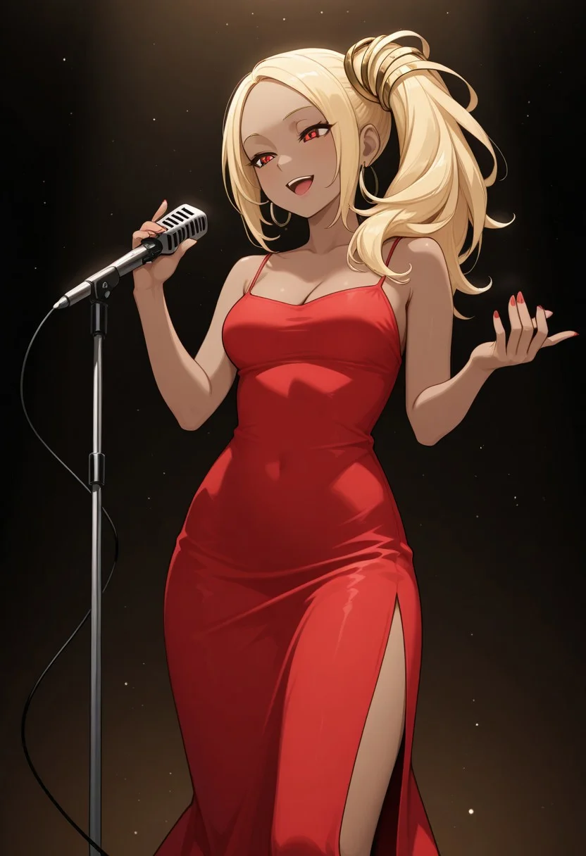 masterpiece, best quality,
1girl, solo, seductive smile, k4tjazz, dark-skinned female, long hair, blonde hair, side ponytail, hair ornament, red eyes, long dress, red dress, sleeveless dress, spaghetti strap, side slit, hoop earrings, bare shoulders, cleavage,
microphone, microphone stand, singing,