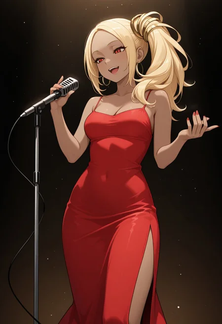 masterpiece, best quality,
1girl, solo, seductive smile, k4tjazz, dark-skinned female, long hair, blonde hair, side ponytail, hair ornament, red eyes, long dress, red dress, sleeveless dress, spaghetti strap, side slit, hoop earrings, bare shoulders, cleavage,
microphone, microphone stand, singing,