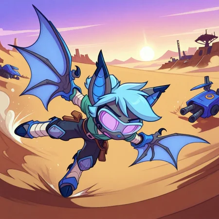 Dreamkeepers,1girl,Prelude_Vanth,solo,furry,source_furry,blue hair,wings,furry,bat wings,
child, kid,
in a tattered kimono repairs a sand-scarred mech in a desert junkyard. Her tool belt holds plasma torches, and a robotic scorpion guards her back. Sand blows through shattered windshields., samurai, desert, mecha, junkyard, toolbelt, plasma, robot_scorpion, kimono, sandstorm, tattered_clothing, mechanical_arm, goggles, determined_expression, sunset, heat_haze, rust, scrap_metal, dynamic_pose, bandaged_arm