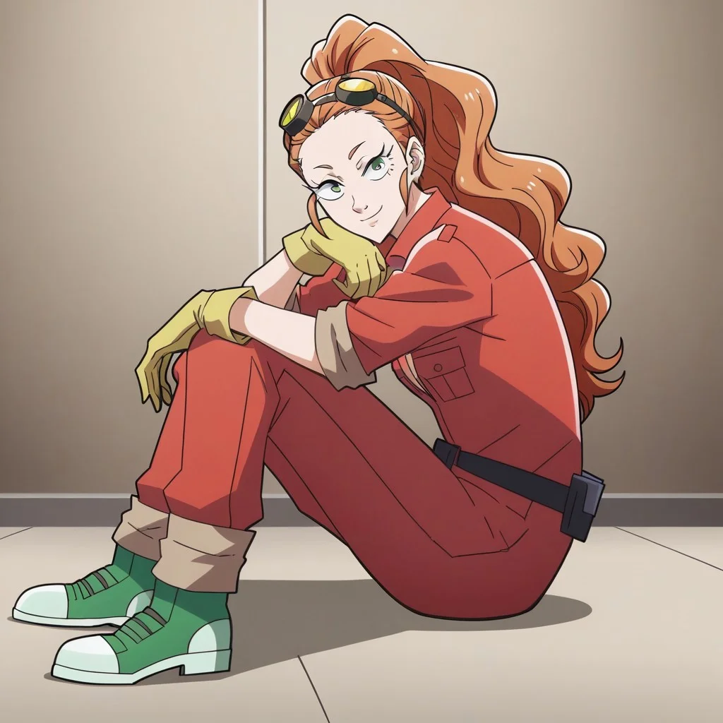 Masterpiece, mars_hdt, side view, red jumpsuit, red hair, green eyes, ponytail, looking at viewer, yellow gloves, goggles on head, green shoes, sitting, seductive smile, head tilt