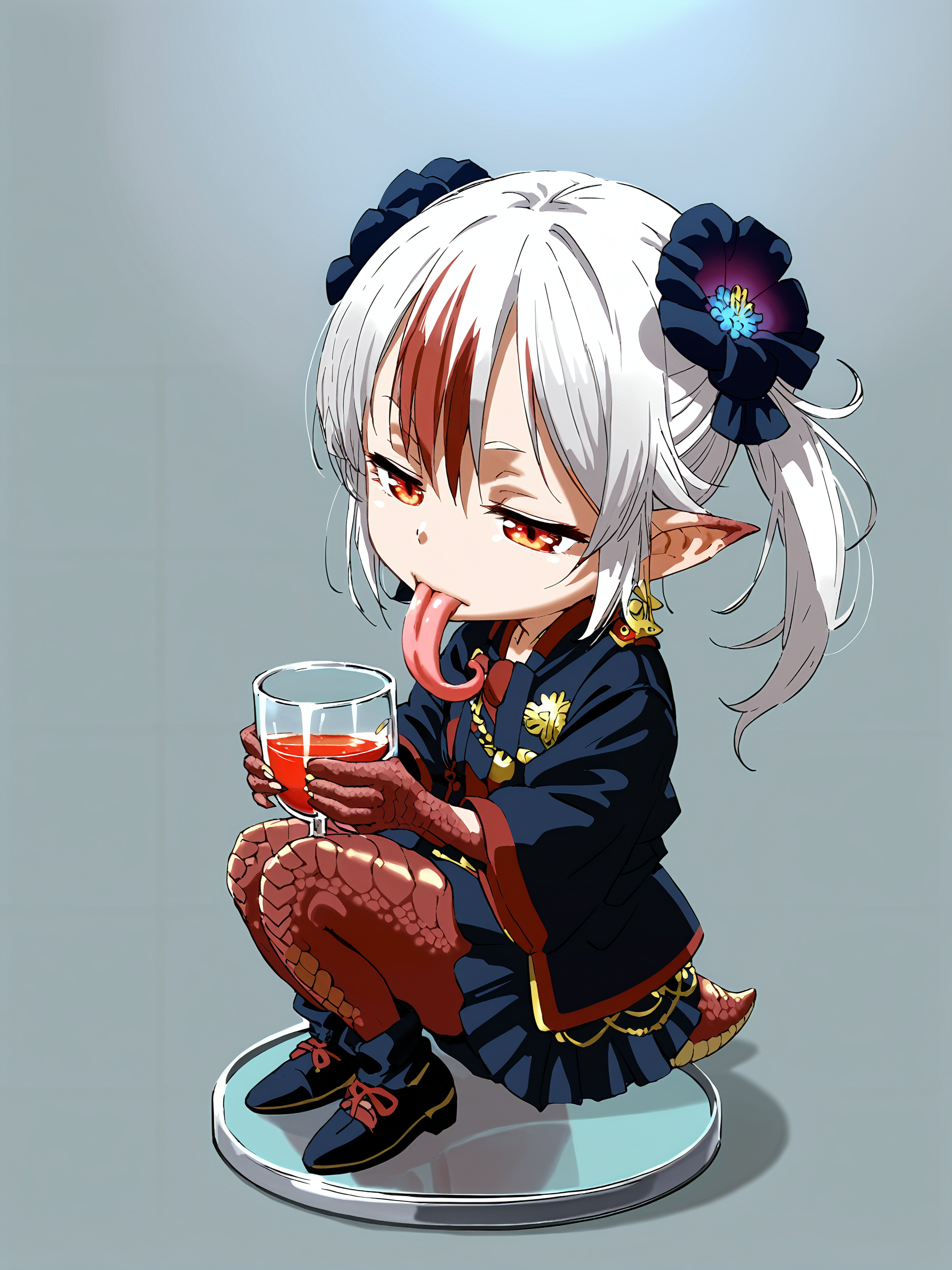 score_9,score_8_up,score_7_up,score_6_up,source_anime, shiny, shiny skin, <lora:MeMaXLV3_TypeB_AutismMix:0.8>, <lora:AIã¤ã©ã¹ããããã:0.8>, tamanoi, <lora:tamanoi:0.8>,
best quality, cute, chibi,solo,(monster girl:1.2),dragon girl,(scale:1.2),(shortstack:1.2),(half-closed eyes:1.2), white hair, red eyes,(two-tone hair:1.2),pointy ears, ,(lick put glass:1.4),long tongue (sketch, tegaki:1.3),from side, fantasy clothes,sitting,
,<lora:add-detail-xl:1>, japanese, ultra detailed, serious, best quality, amazing quality, very aesthetic, absurdres, masterpiece, best quality,spotlight,masterpiece, best quality, high quality, highres, absurdres, caustics, offcial art, anime screencap,