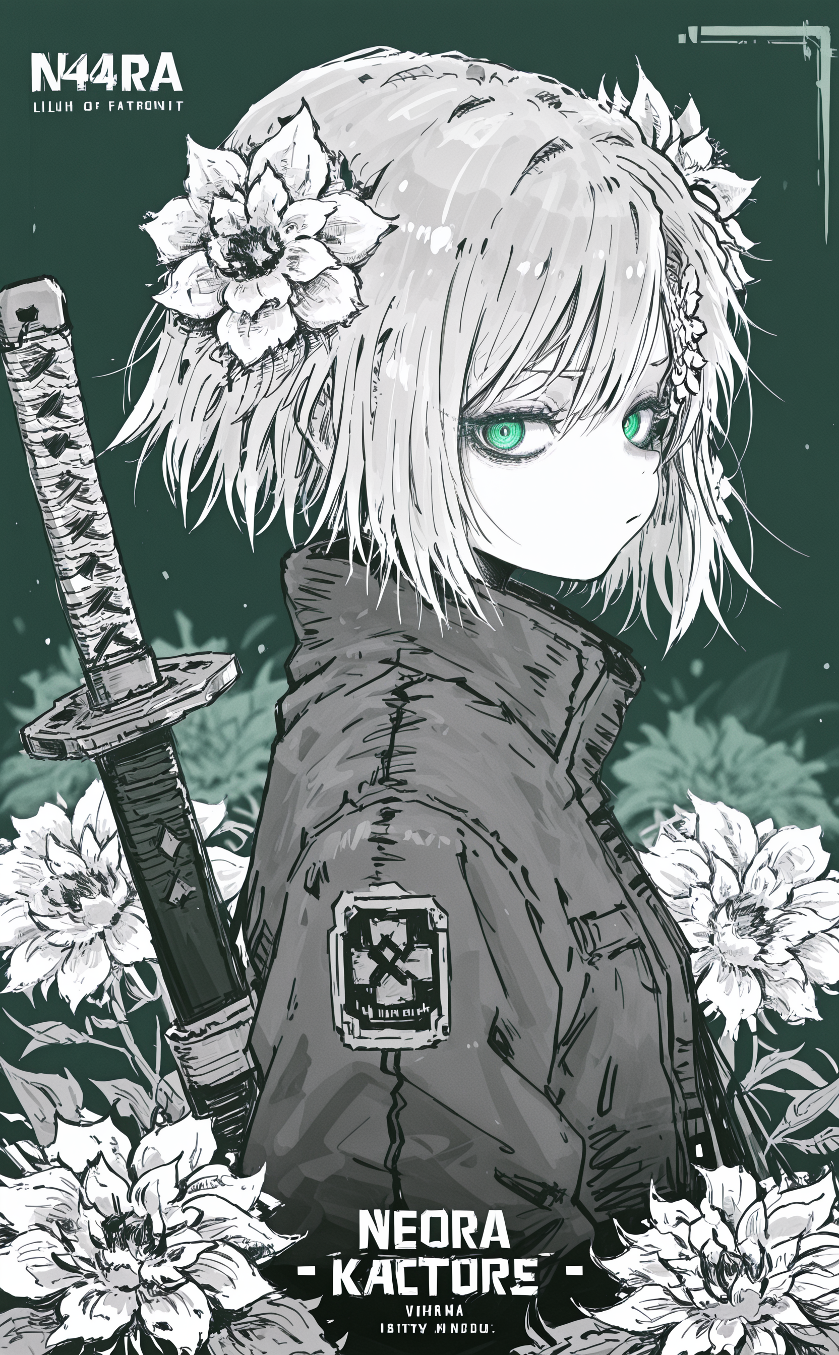 masterpiece, best quality, amazing quality, 1girl, solo, looking at viewer, short hair, hair ornament, closed mouth, green eyes, jacket, upper body, flower, weapon, sidelocks, sword, hair flower, blurry, english text, from side, depth of field, glowing, white flower, katana, glowing eyes, blurry foreground, sideways glance, green theme, neon trim, J4gkB_illu,h4ra_illu,monochrome, (sketch),
Flat vector illustration <lora:checkpoint-e18_s306:1.3> <lora:namukijpg_ill:0.7> <lora:J4gkB_style-000019:1> <lora:hara_id_21:1>