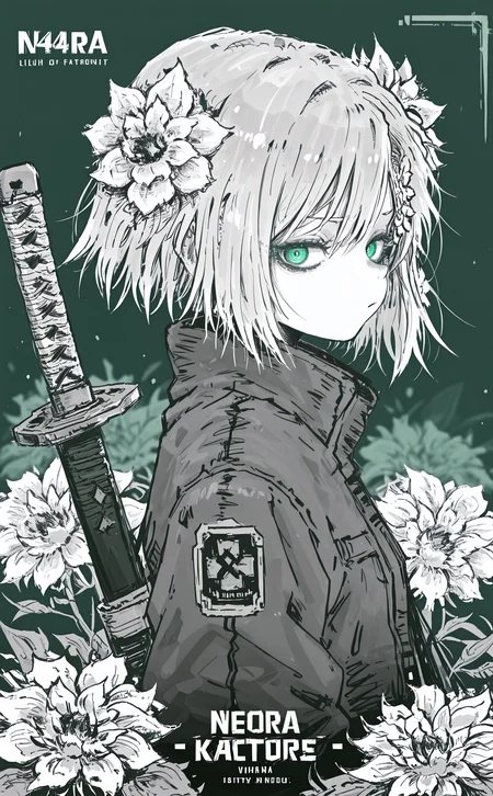 masterpiece, best quality, amazing quality, 1girl, solo, looking at viewer, short hair, hair ornament, closed mouth, green eyes, jacket, upper body, flower, weapon, sidelocks, sword, hair flower, blurry, english text, from side, depth of field, glowing, white flower, katana, glowing eyes, blurry foreground, sideways glance, green theme, neon trim, J4gkB_illu,h4ra_illu,monochrome, (sketch),
Flat vector illustration <lora:checkpoint-e18_s306:1.3> <lora:namukijpg_ill:0.7> <lora:J4gkB_style-000019:1> <lora:hara_id_21:1>