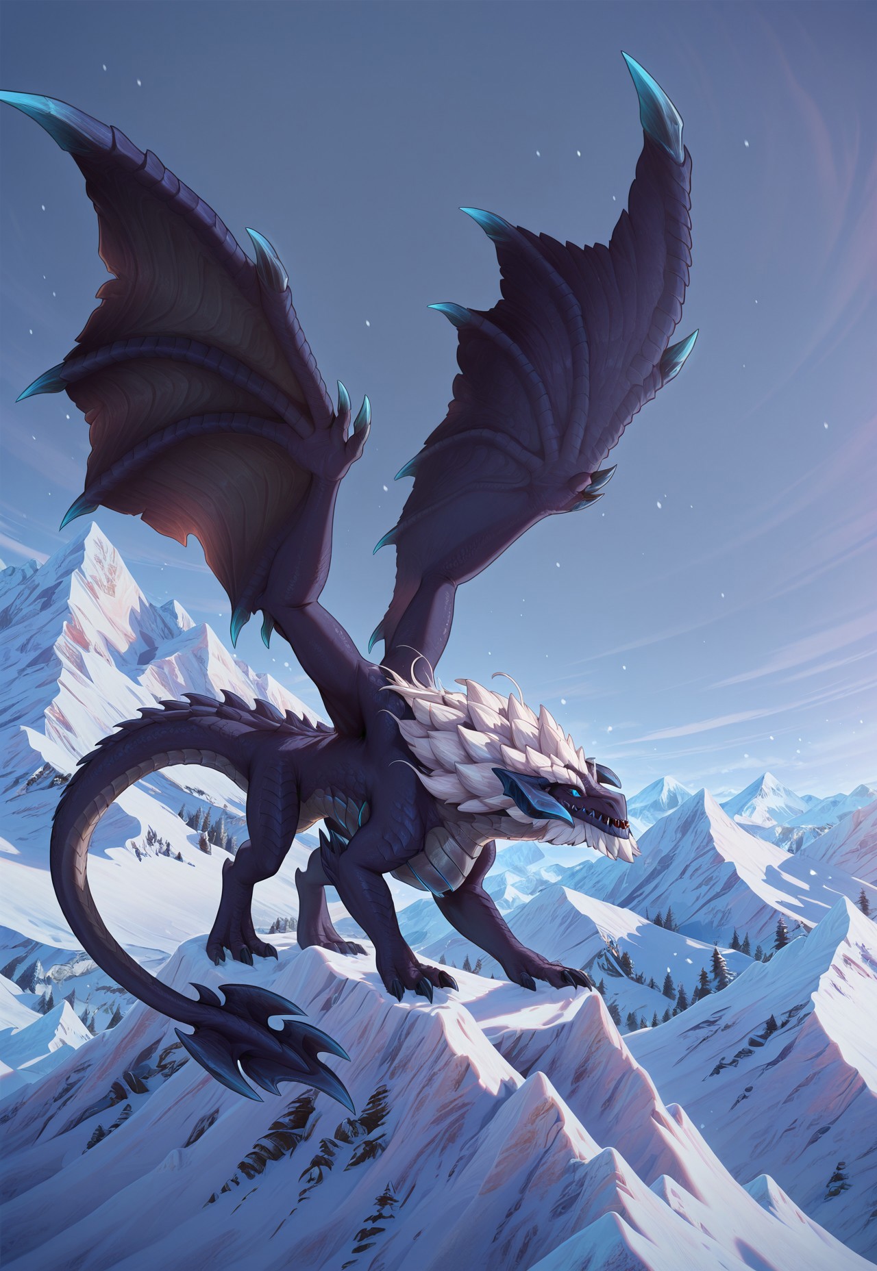 masterpiece,best quality,amazing quality, BREAK, 
solo, feral, dragon, male, dark blue body, 
, elder_dragon, low horns, wings, blue eyes, claws, tail, 
Standing on the mountain, cloud,