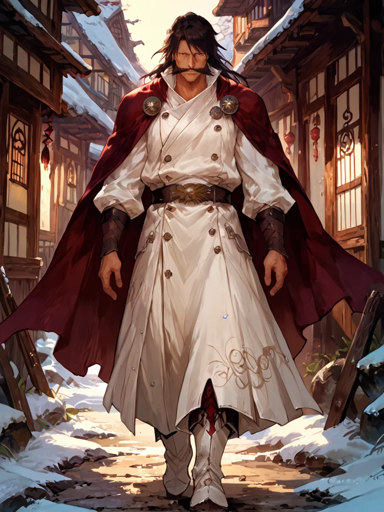 score_9, score_8_up, score_7_up, score_6_up, score_5_up, score_4_up,
1man, long black hair, dark brown hair, huge mustache, pronounced cheekbones, long nose, thin eyebrows, white boots, brown eyes, maroon-black cloak, broad chin, white uniform, masterpiece, high quality, detailed, Pony-NPDXL3, close-up, full body, <lora:yhwach:1> looking to the side, snow in the background , village, walking <lora:Fant5yP0ny:1>