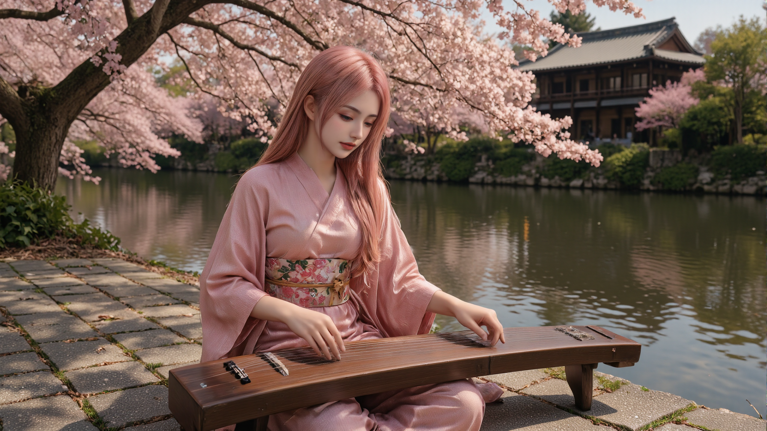 A photorealistic image of a 20-year-old young woman with long pink hair dressed in an elegant pink kimono with floral obi,sitting cross-legged by a riverbank,playing a guqin. Her body is slightly turned towards the instrument,with both hands gracefully posed mid-performance. The cherry blossom trees arch over her,casting dappled shadows on her and the stone path. The background features a calm river reflecting the pink hues of the blossoms and a traditional Japanese building in soft focus.,
<lora:yuukananri-base-02-flux:0.9>,yuukananri,she has a slender physique and a petite build,<lora:aidmaMJ6.1v0.4:0.6>,aidmaMJ6.1,