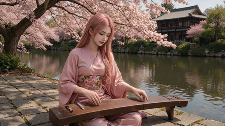 A photorealistic image of a 20-year-old young woman with long pink hair dressed in an elegant pink kimono with floral obi,sitting cross-legged by a riverbank,playing a guqin. Her body is slightly turned towards the instrument,with both hands gracefully posed mid-performance. The cherry blossom trees arch over her,casting dappled shadows on her and the stone path. The background features a calm river reflecting the pink hues of the blossoms and a traditional Japanese building in soft focus.,
<lora:yuukananri-base-02-flux:0.9>,yuukananri,she has a slender physique and a petite build,<lora:aidmaMJ6.1v0.4:0.6>,aidmaMJ6.1,