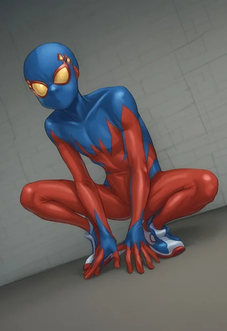 Masterpiece, cute boy, 1boy, solo, Spider-Boy Costume, Sneakers, mask, crouching, superhero landing, on top of the Brooklyn bridge, night time, dutch angle,