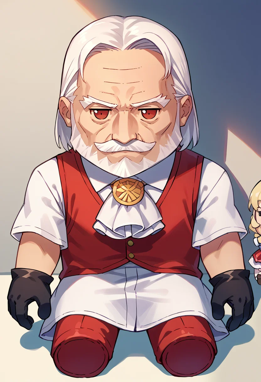 score_9, score_8_up, score_7_up, source_anime, RegalBuisnessman, old man, mustache, beard, medium hair, straight hair, ascot, white shirt, short sleeves, red vest, red pants, black gloves, fumo \(doll\), chibi, sitting, <lora:style_toyfumo_ponyXL:1.2>, <lora:ChamRegalBuisnessmanPonyXL:0.8>,