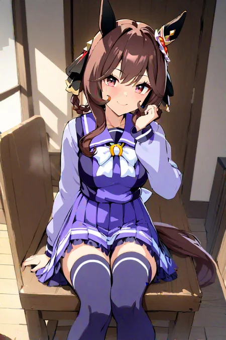 masterpiece, best quality, absurdres,
gentildonna \(umamusume\), 1girl, tracen school uniform long, purple thighhighs, horse tail, horse ears,purple pleated skirt, looking at viewer, smile, brown lofers,long sleeves, purple sailor shirt, purple sailor collar, white waistback bow, white bowtie, hair ornament,sitting
<lora:SDXL_gentildonna_v1.0:0.7>
