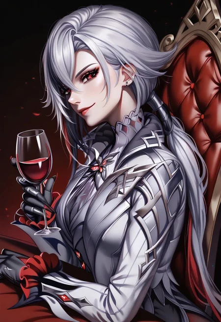 arlecisek,
arlecisek,gloves,long sleeves,full body,black gloves,coat,black pants, x-shaped pupils,
1 girl, solo. Sit on black-red throne, confident face, wine glass, slight evil smile
Dark room on background, one eyes lit up red, moonlight, night, view from above, close view, view near head, detailed face, detailed, side view,
DNDFG, Detailed drawing, Fixhand,