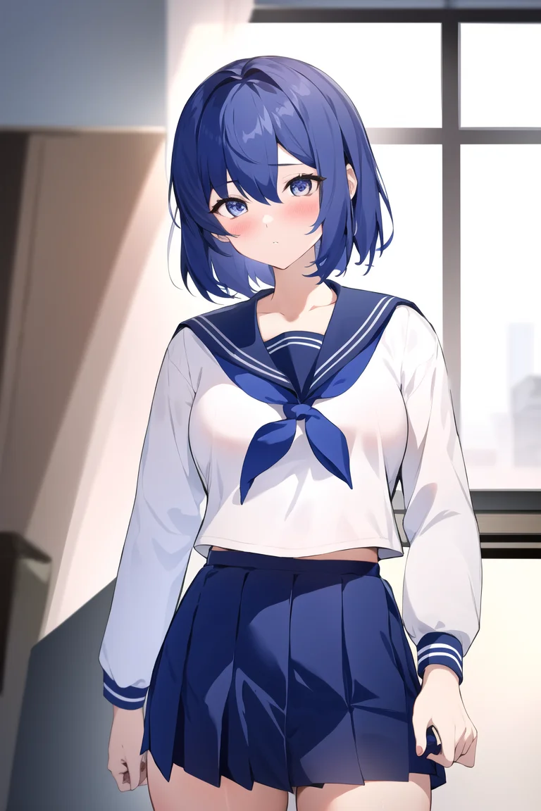 1girl, calm, serafuku, neckerchief, sailor collar,pleated skirt, long sleeves, tucked in shirt,
upperbody, standing,
indoors,
<lora:HoukiseiStyle:1>