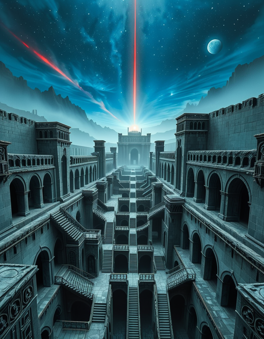 A vast, nightmarish labyrinth stretching endlessly into the horizon, its architecture a fusion of brutalist and gothic styles. The towering stone walls are cold, weathered, and adorned with eerie, ancient carvings. Deep chasms divide the labyrinth, revealing endless layers of arches and staircases that descend into an abyss of darkness. The atmosphere is thick with an unsettling silence, broken only by distant whispers and echoes of unseen entities.
A strange, ominous red beam pierces the sky from a distant point at the horizon, casting an eerie glow over the surreal landscape. The sky above is an unnatural, deep blue, devoid of stars, shrouded in a thick, ominous haze. Shadows stretch unnaturally long, twisting and shifting as if alive.
The entire scene evokes a sense of isolation and dread, as if trapped in an inescapable nightmare. The labyrinthâs geometry seems almost impossible, defying logic with staircases leading to nowhere and corridors looping endlessly. A place where time feels distorted, and reality itself is uncertain.
Style & Mood:
    Dark surrealism, Lovecraftian horror
    Cinematic, high-detail, eerie lighting
    Atmospheric perspective, emphasizing scale and depth
    Inspired by the works of ZdzisÅaw BeksiÅski and H.R. Giger
<lora:SDXLFaeTastic2400:0.4> <lora:extremely_detailed:0.4> extremely detailed, <lora:nightmarish_l4byr1nth:1>,nightmarish l4byr1nth, Masterpiece,best quality,hi res,8k,hi res,8k,award winning,(sharp focus, intricate, highly detailed),