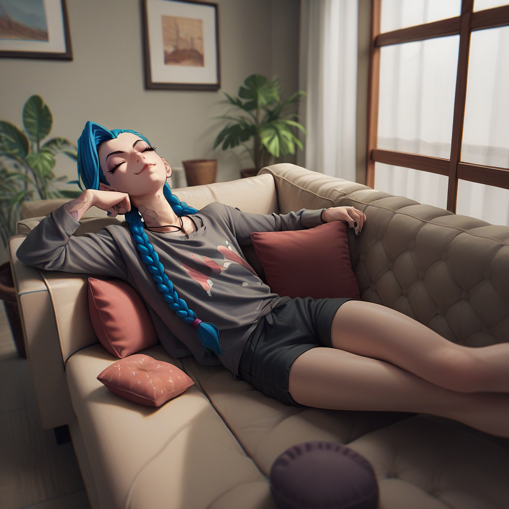 score_9, score_8_up, score_7_up, score_6_up, score_5_up, score_4_up, zPDXL2,source_anime,rating_questionable, <lora:Lounging:0.8> loung3, lounging, relaxing, solo, indoors, sitting, couch, Jinx