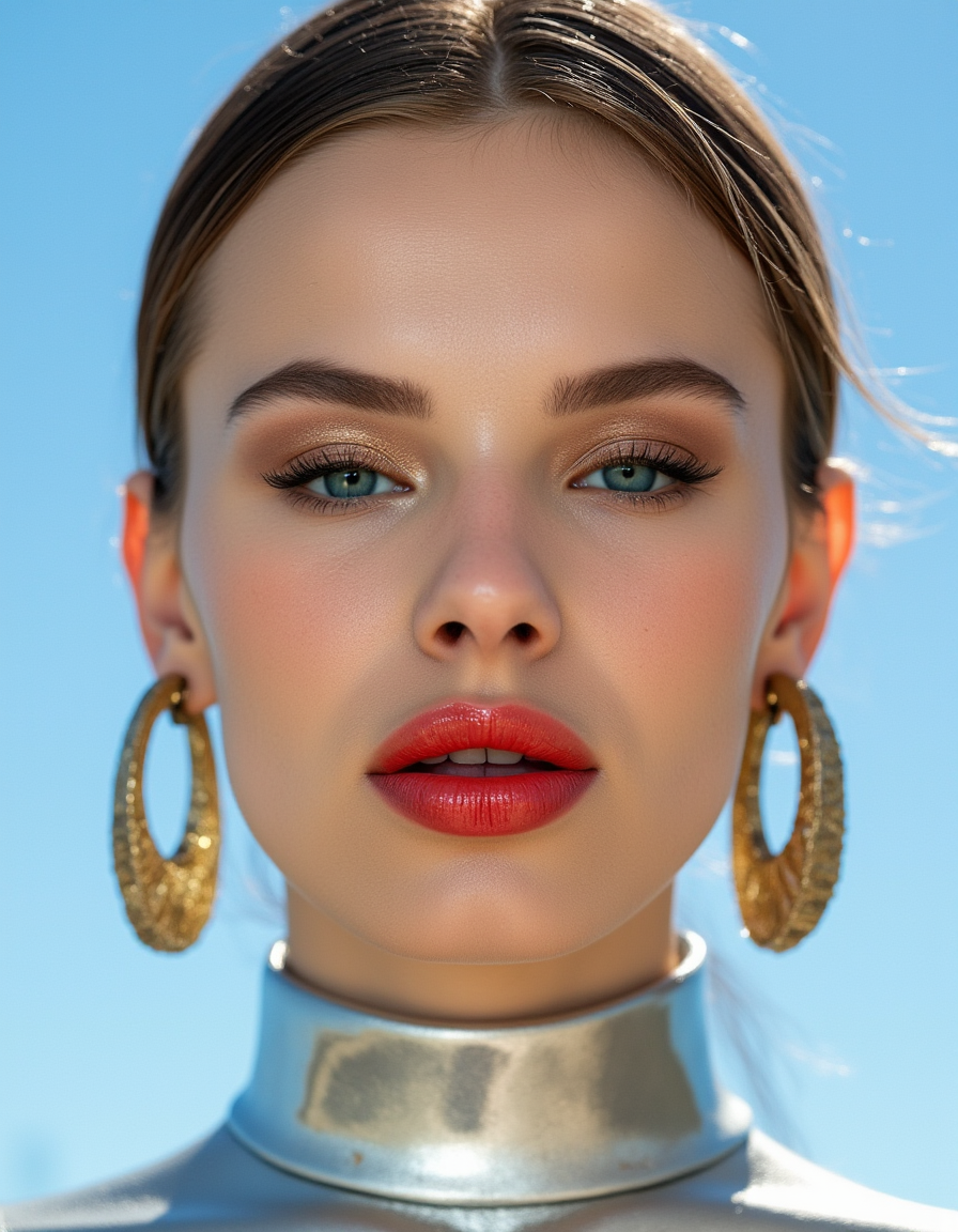 A hyper-detailed, avant-garde photograph featuring a striking woman with pale light skin against a clear, light blue sky. Her full-face close-up highlights the smooth texture of her flawless complexion. Shimmering metallic eyeshadow enhances the depth of her piercing gaze, while her glossy, deep red lips create a bold contrast to her skin. Large, intricately detailed golden hoop earrings reflect light, contributing to her modern allure. She wears metallic urban Buddhist monk clothing, with a turtle neck that enhances her avant-garde look. The reflective surfaces of her earrings and outfit create a dynamic interplay with the environment, emphasizing her sleek presence. The minimalist background allows the viewer to focus on her eye-catching fashion and makeup. Captured with a Sony A7R IV camera and a 50mm f/1.2 G Master lens for a beauty editorial shoot, this composition highlights her fashion-forward aesthetic. Inspired by avant-garde fashion photography from Sølve Sundsbø, this image blends contemporary fashion and minimalist elegance, embodying mythp0rt and niji_flux styles for a sleek, high-fashion vision. ((glow_skin, iridescent skin, oily skin, portrait)).