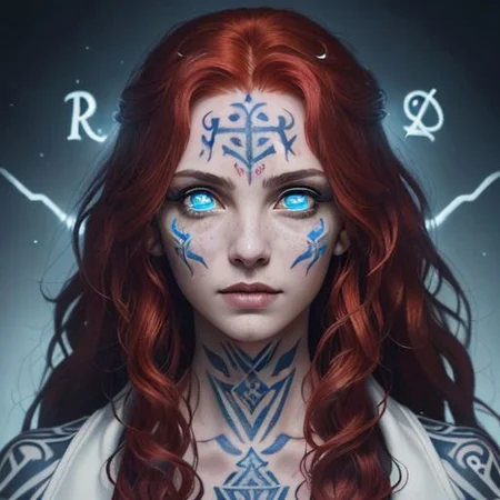 bright red hair, human female, (feminine:1.7), (beautiful face, detailed face:1.6), (beautiful eyes, detailed eyes:1.7), (looking at viewer, eye contact, intense:1.6), (long hair, red hair, curly hair:1.3), , ((masterpiece, best quality, high resolution, realistic, best quality,)), photo realistic, Perfect Face, (detailed face). <lora:GoodHands-vanilla:0.6> <lora:add-detail-xl:0.8>, mage, (Dress White military uniform coat), dagger, rune dagger, glowing runes, , (((glowing magic symbols tattoos, religious tattoos))), ((face tattoos)), glowing tattoos, stone tower in the background